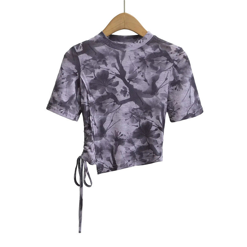 New Chinese Ink Painting Butterfly Mesh Short Sleeve Summer Asymmetric Slim-fit Shoulder T-shirt