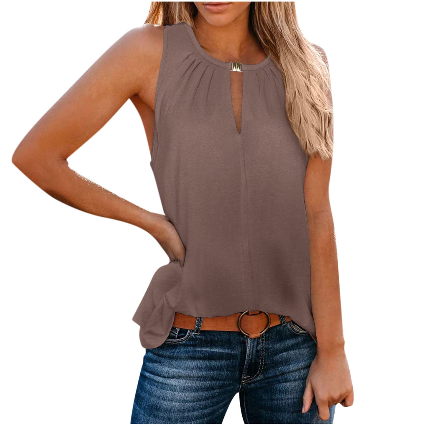 Fashionable Elegant Design Buckle V-neck Solid Color Vest For Women