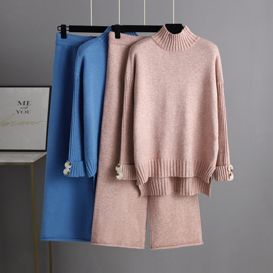 Knitting Suit Women's Mock Neck Sweater Thick Loose Two-piece Set