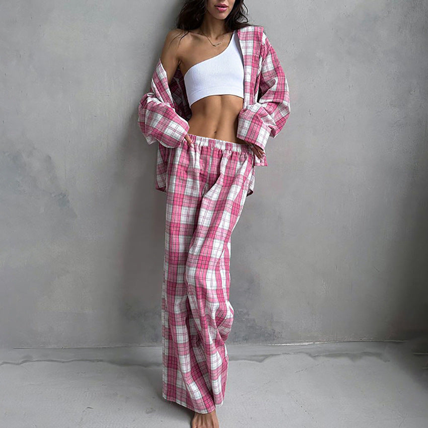 Fashion Plaid Shirt And Trousers Two-piece Set