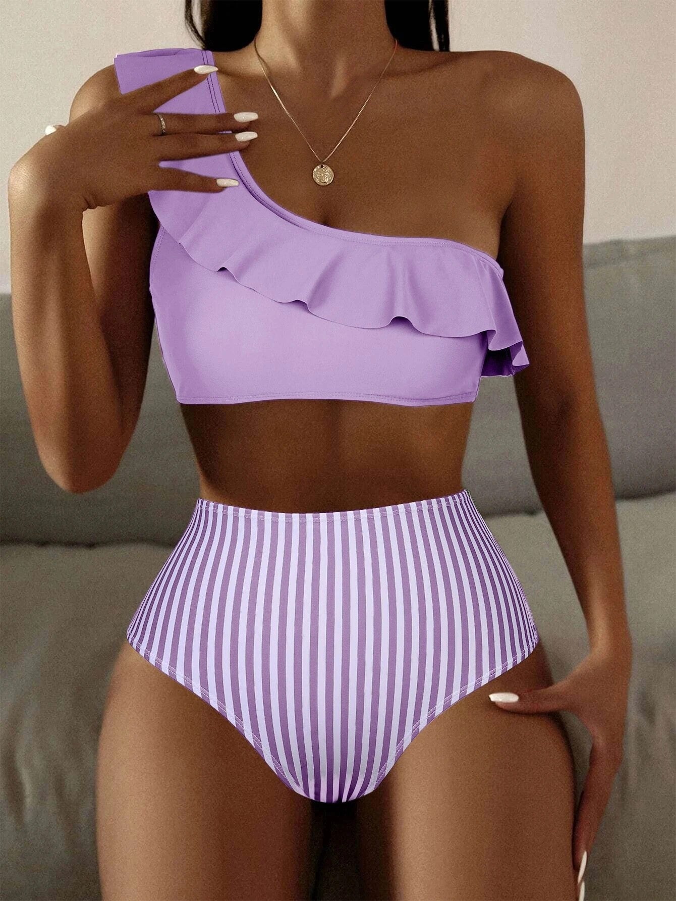 Striped Solid Color Split Bikini Women's Swimsuit