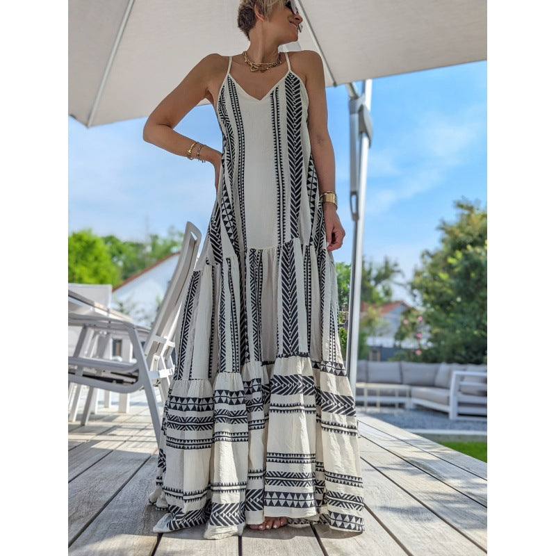 Women's Fashion Casual Versatile Holiday V-neck Stitching Long Dress