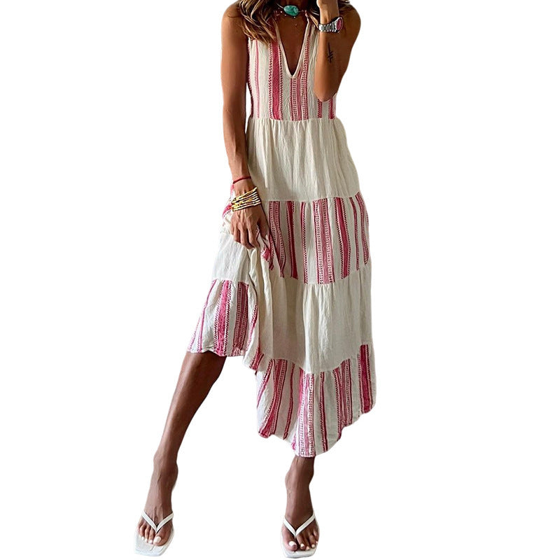 Striped Printed V-neck Sleeveless Mid-length Dress