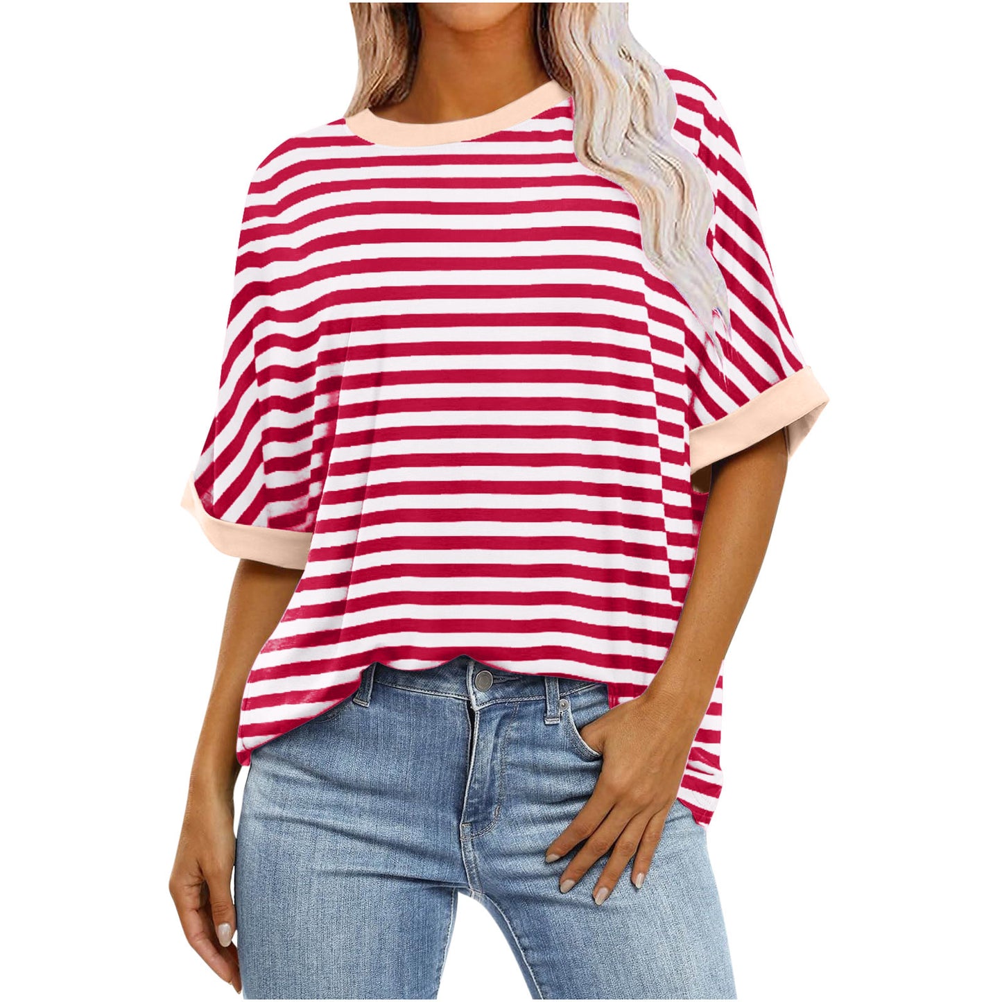 Women's Striped Printed Loose Color Matching Short Sleeve