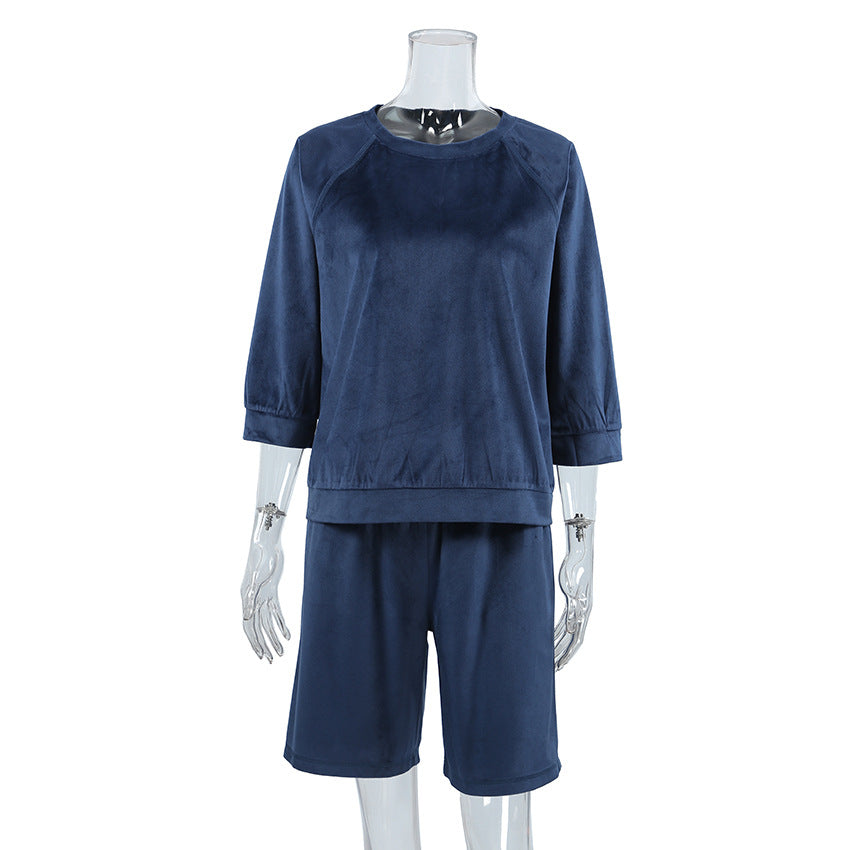 Blue Velvet Warm Three-quarter Sleeve Shorts Two-piece Set For Women