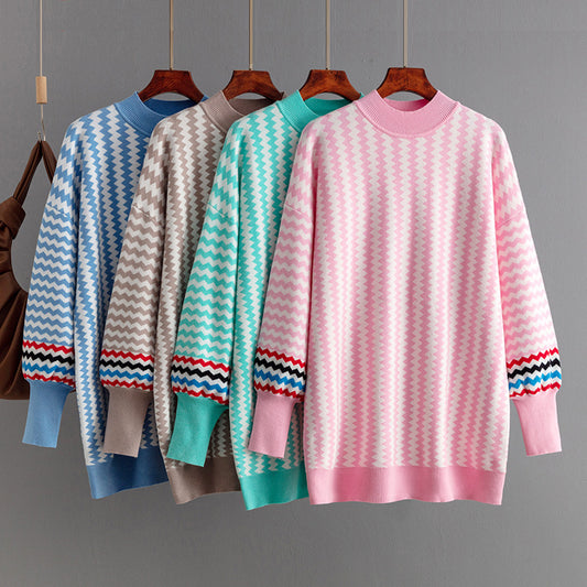 Women's Mid-length Round Neck Striped Loose Sweater