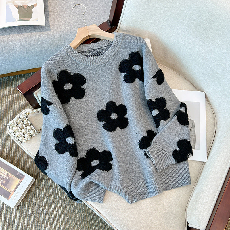 Design Flower Loose Slimming Pullover Round Neck Sweater