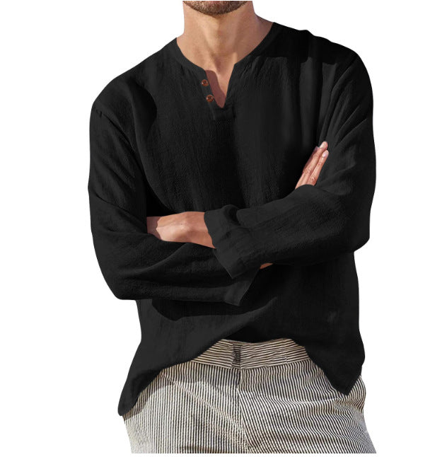 Men's Long Sleeve V-neck Casual Beach Linen Shirt