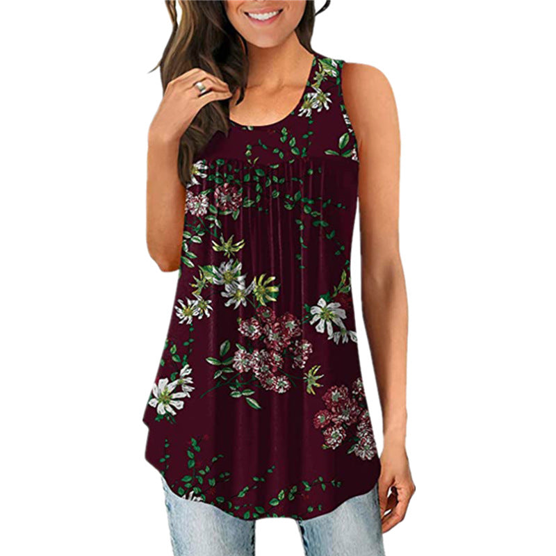 Women's Printed Round Neck Pleated Sleeveless Vest Top