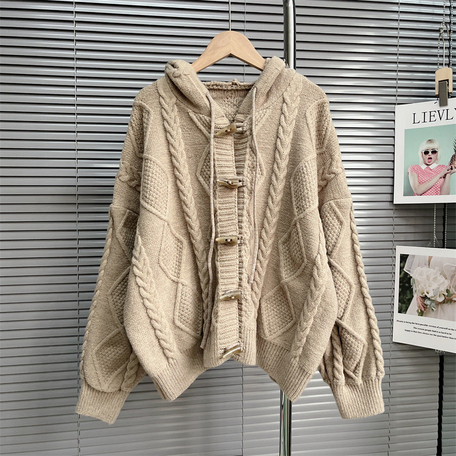 Gentle Soft Glutinous Sweater Coat College Style Horn Button Japanese Lazy Knitted Cardigan