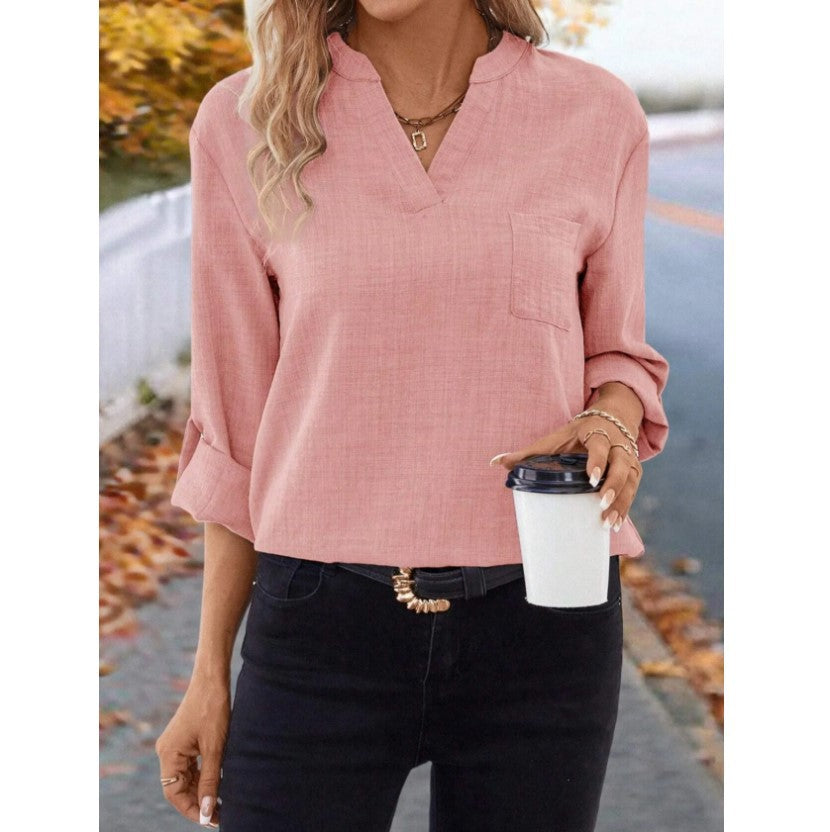 European And American Elegant Fashion Casual Solid Color Cotton Linen Long Sleeve V-neck Top