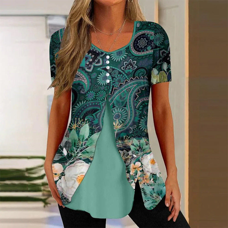 Summer New Women's Round Neck Printed Fake Two Pieces Short Sleeve Shawl Pullover T-shirt Tops