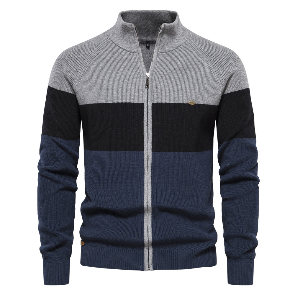 Men's Fashion Casual Block Stripe Zipper Sweater