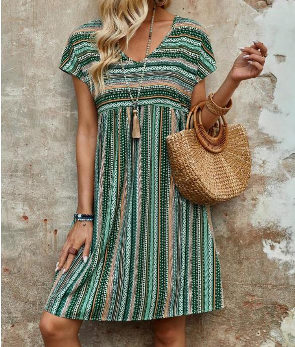 Summer New European And American Women's Clothing Color Striped Batwing Sleeve Dress