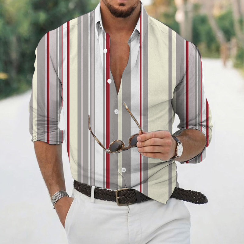 Men's Fashion Casual Vertical Stripes Lapel Digital Print Long Sleeve