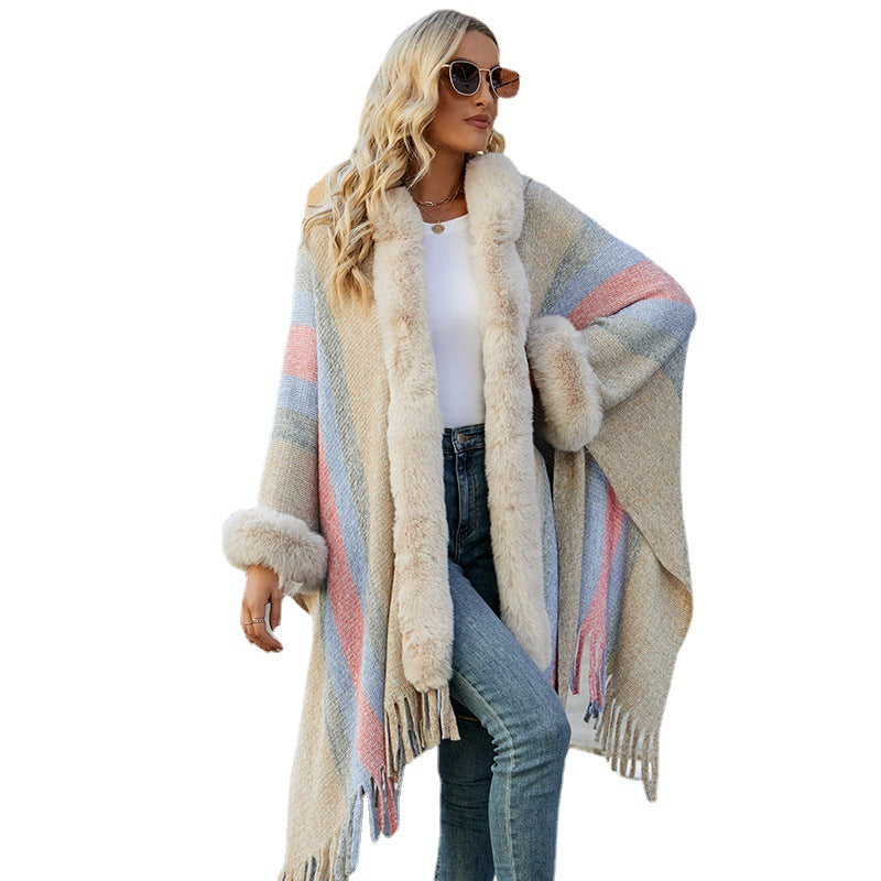 Women's Hooded Cape Autumn And Winter Striped