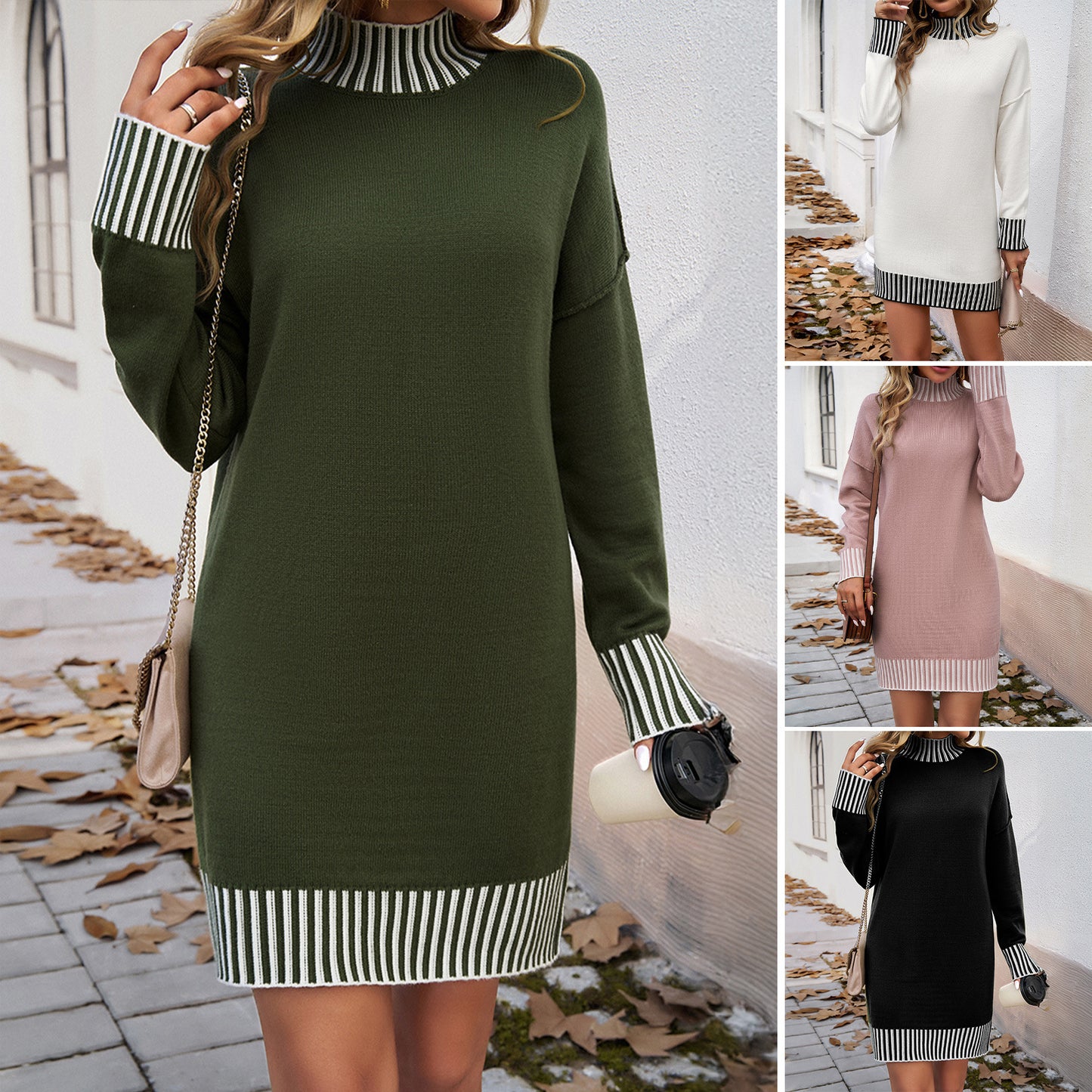 European And American Women's Autumn And Winter Clothing Temperament Leisure Contrast Color Sweater Dress