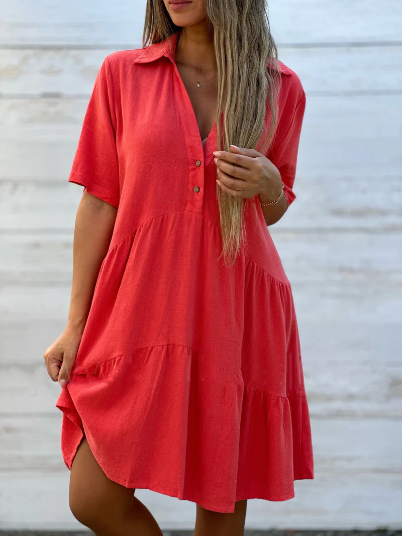 Women's Fashion Loose Solid Color Polo Collar Casual Short Sleeve Cotton Linen Dress