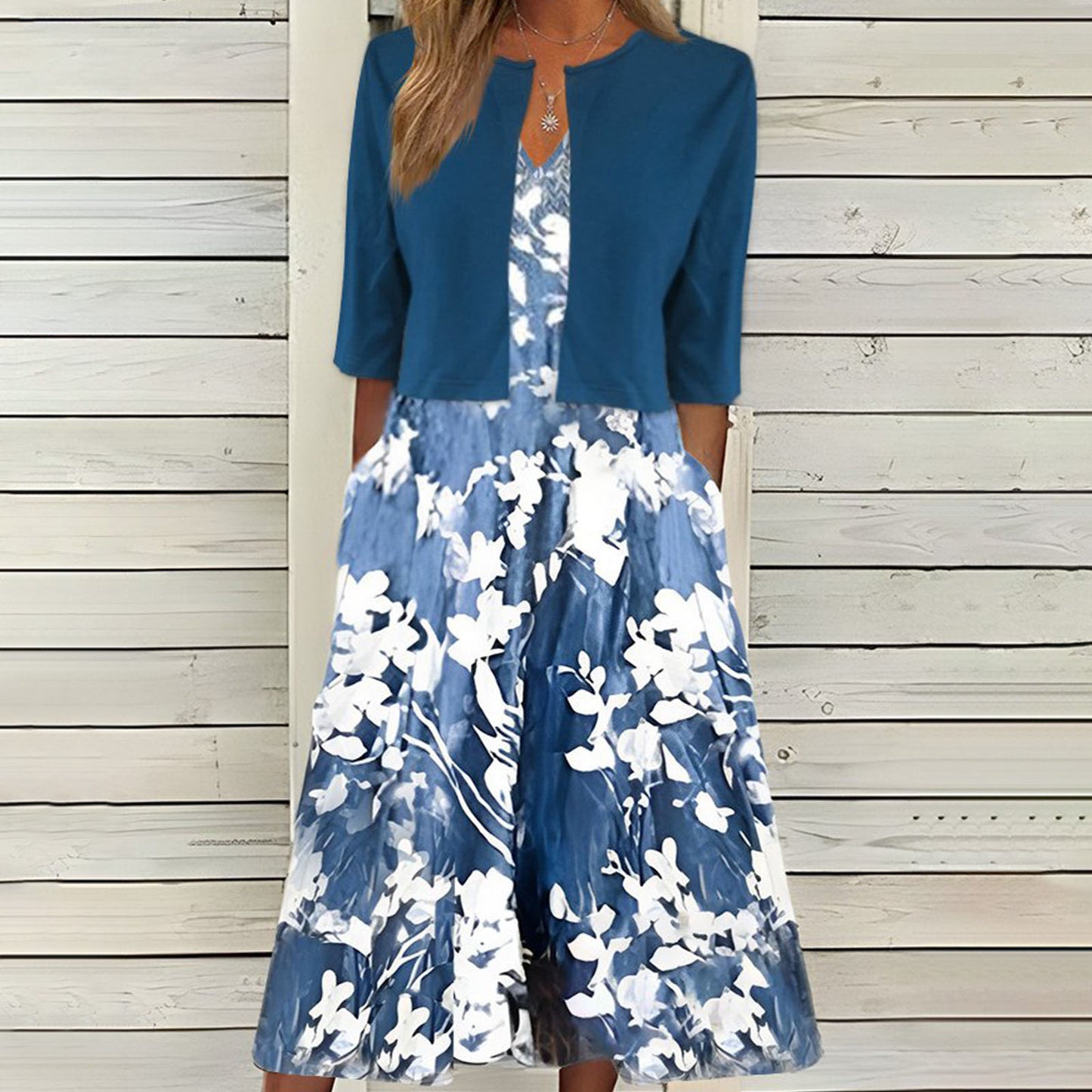 Ethnic Style Elegant Floral Print Vest Dress Cardigan Two-piece Set