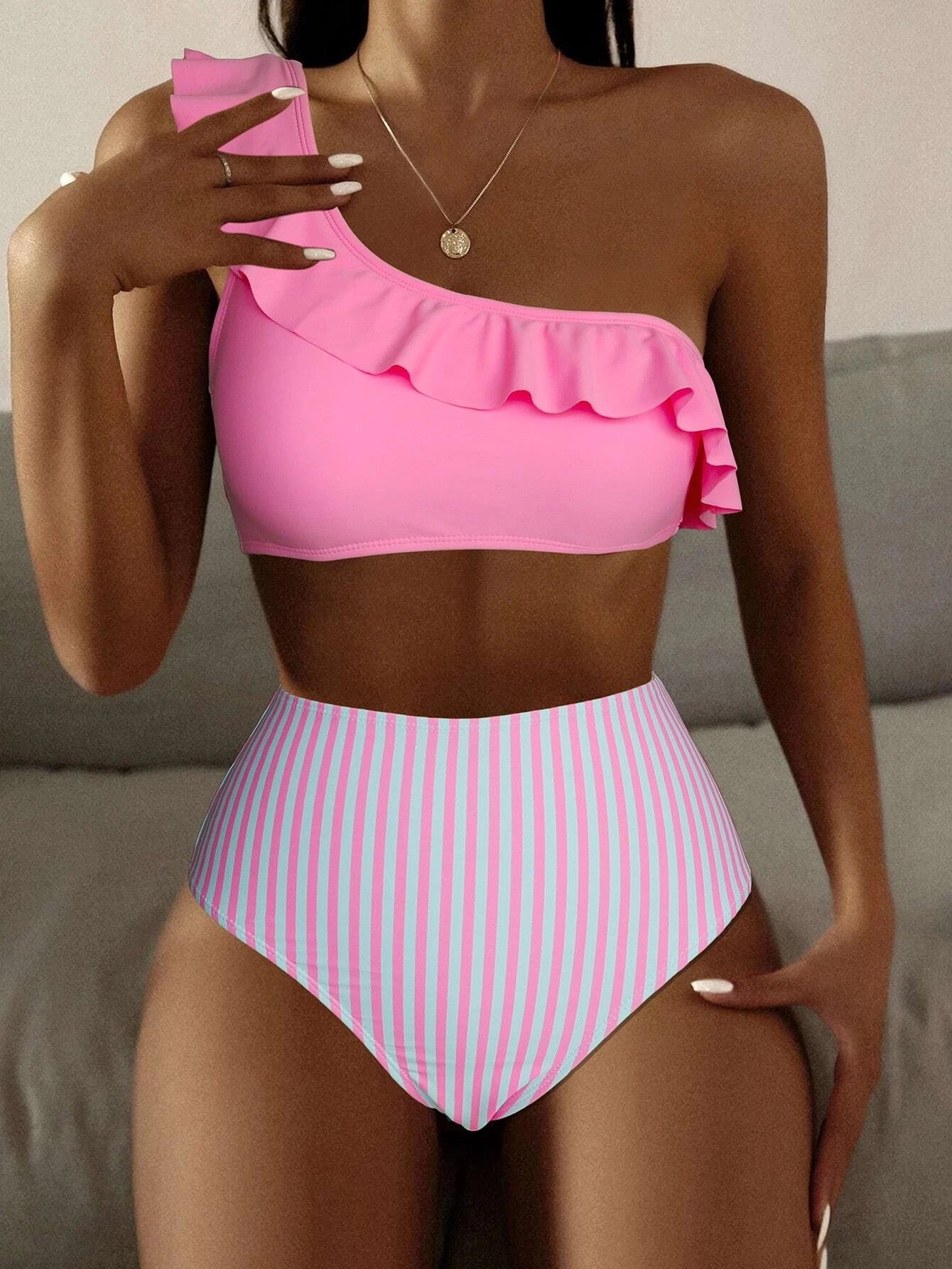 Striped Solid Color Split Bikini Women's Swimsuit