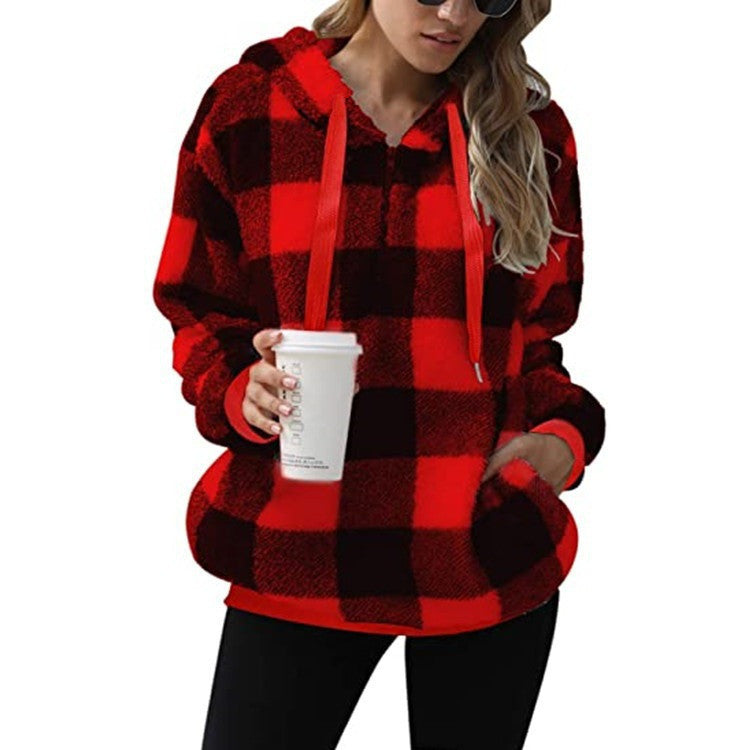 Women's Long-sleeved Hooded Plaid Plush Sweater