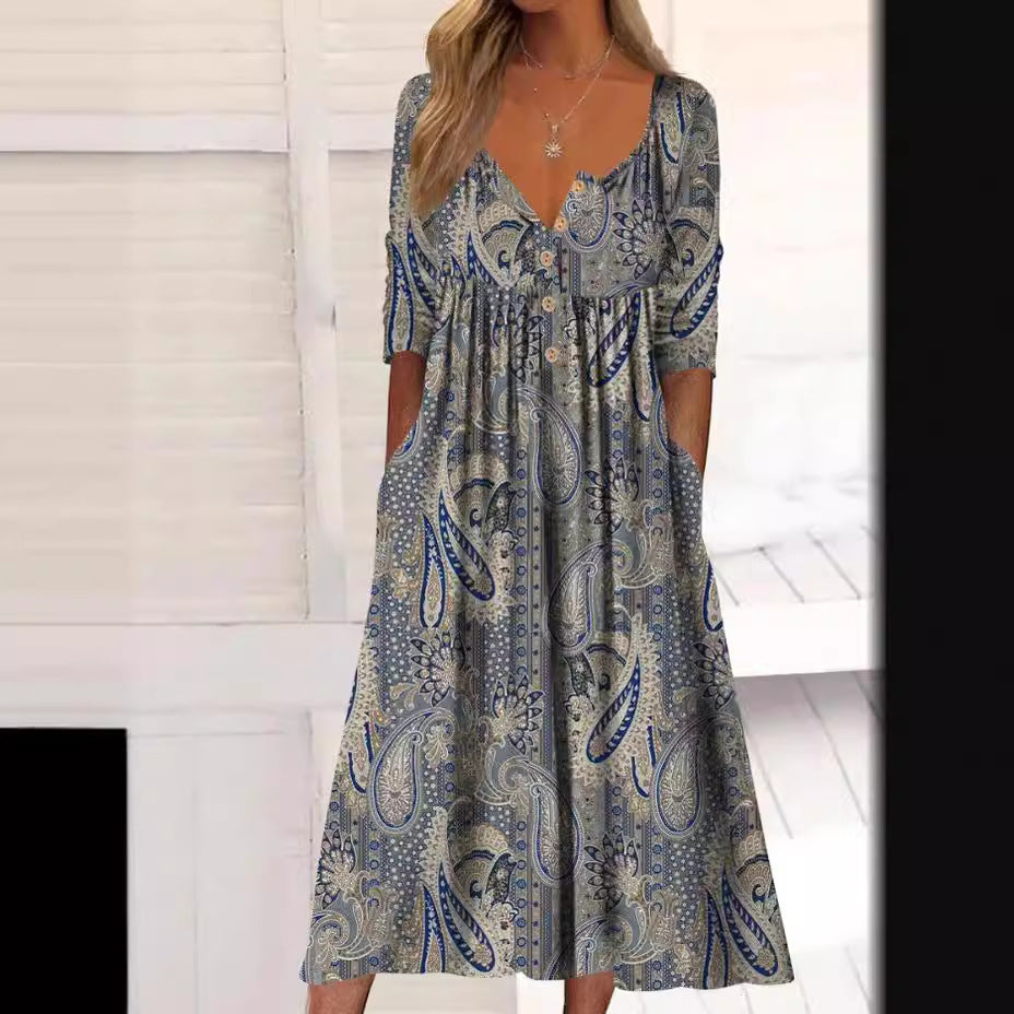 Printed Pocket Clinch Long Dress