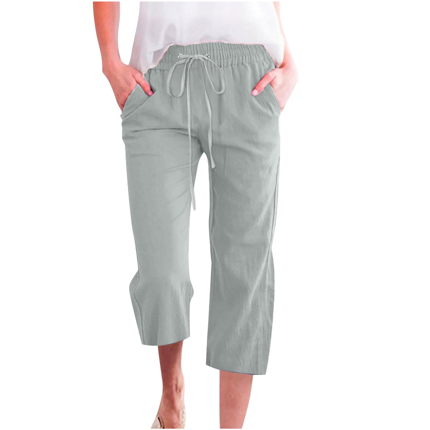 Women's Solid Color Drawstring Cotton And Linen Casual Loose Straight Pocket Home Cropped Pants