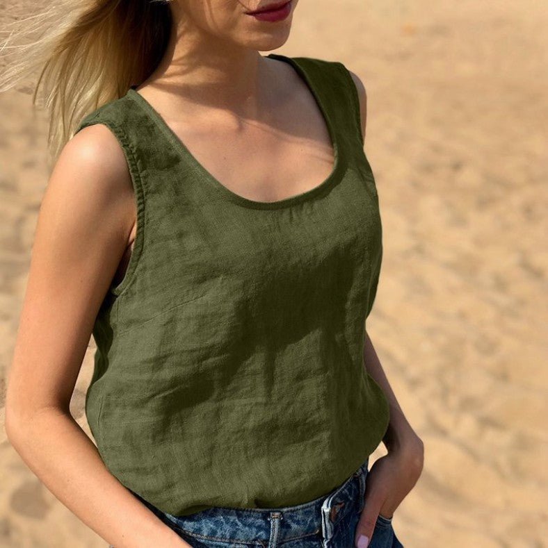 Summer Solid Color Round Neck Sleeveless Top