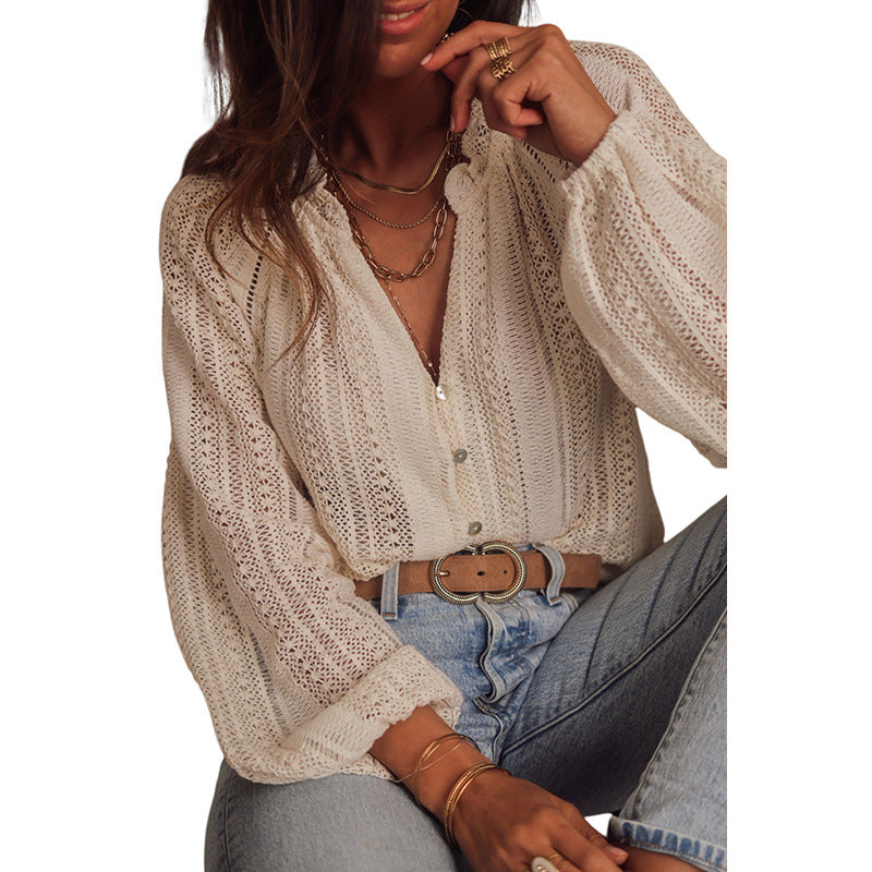 All-matching Solid Color V-neck Long Sleeve Top Women