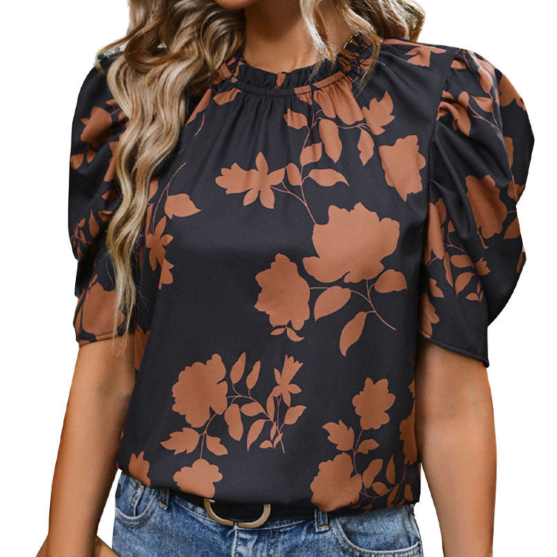 Women's Printed Round Neck Horse-hoof Sleeve Elegant Shirt