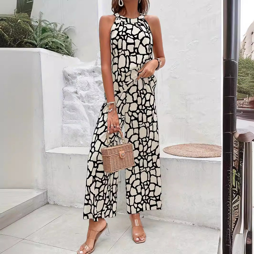 Sleeveless Printed Waist-controlled Lace-up One-piece Trousers