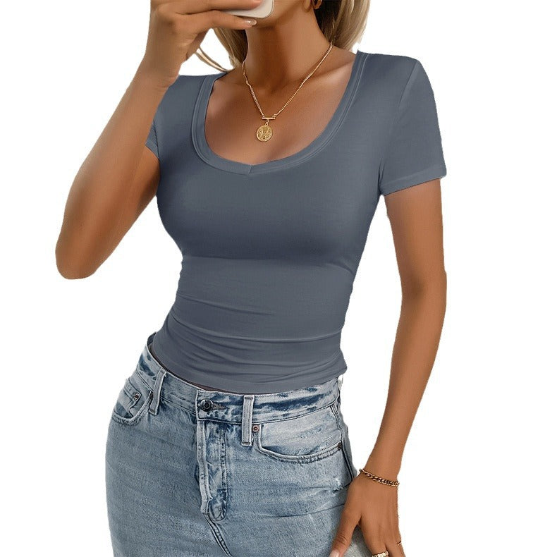 U-neck Slim-fit Solid Color T-shirt For Women