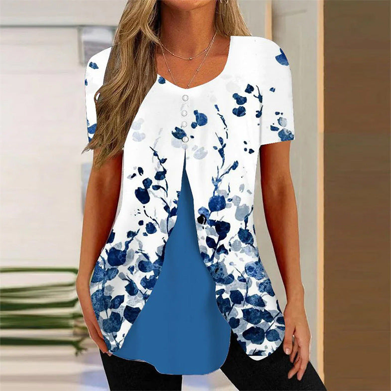 Summer New Women's Round Neck Printed Fake Two Pieces Short Sleeve Shawl Pullover T-shirt Tops