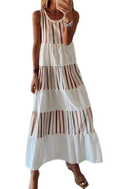 Spring And Summer New Round Neck Sleeveless Striped Large Skirt Long Dress