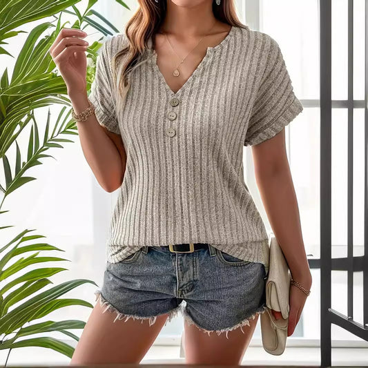 Casual Elegant Cashmere Sunken Stripe Short Sleeve T-shirt Blouse Top