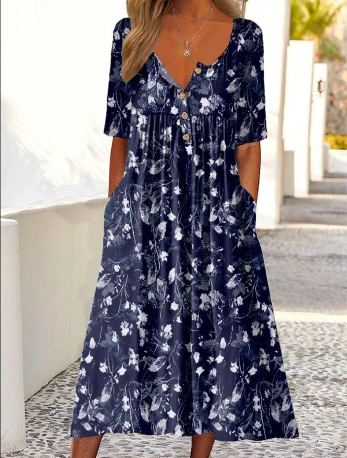 Printed Pocket Clinch Long Dress