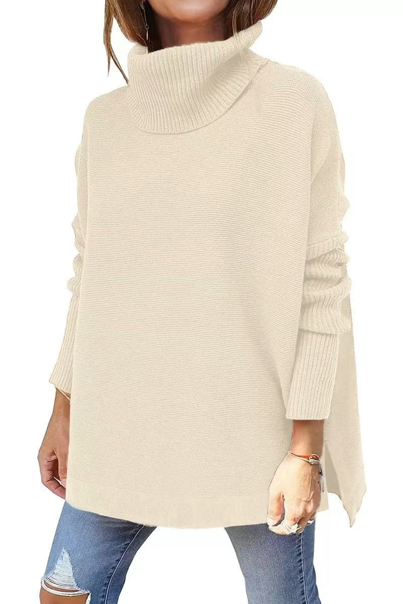 Women's Turtleneck Oversized Mid-length Batwing Split Sleeve Hem Waist Pullover Sweater