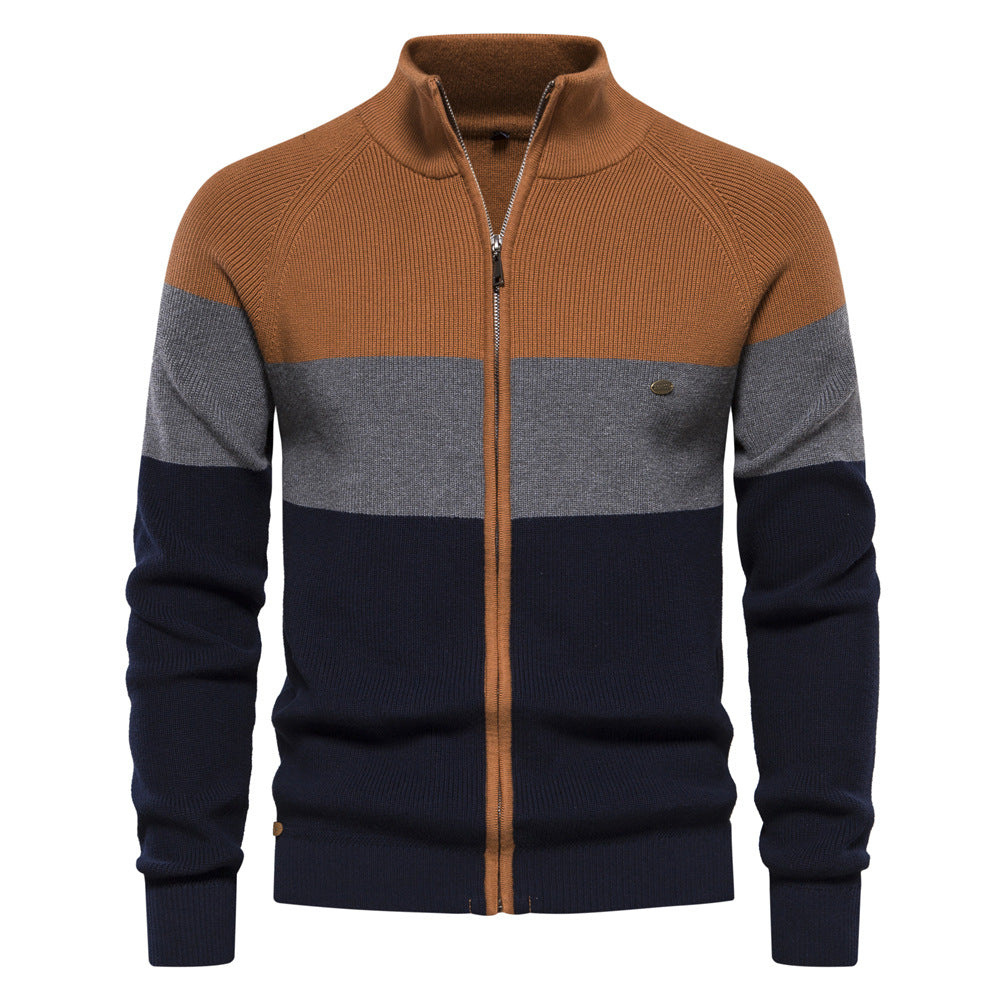 Men's Fashion Casual Block Stripe Zipper Sweater