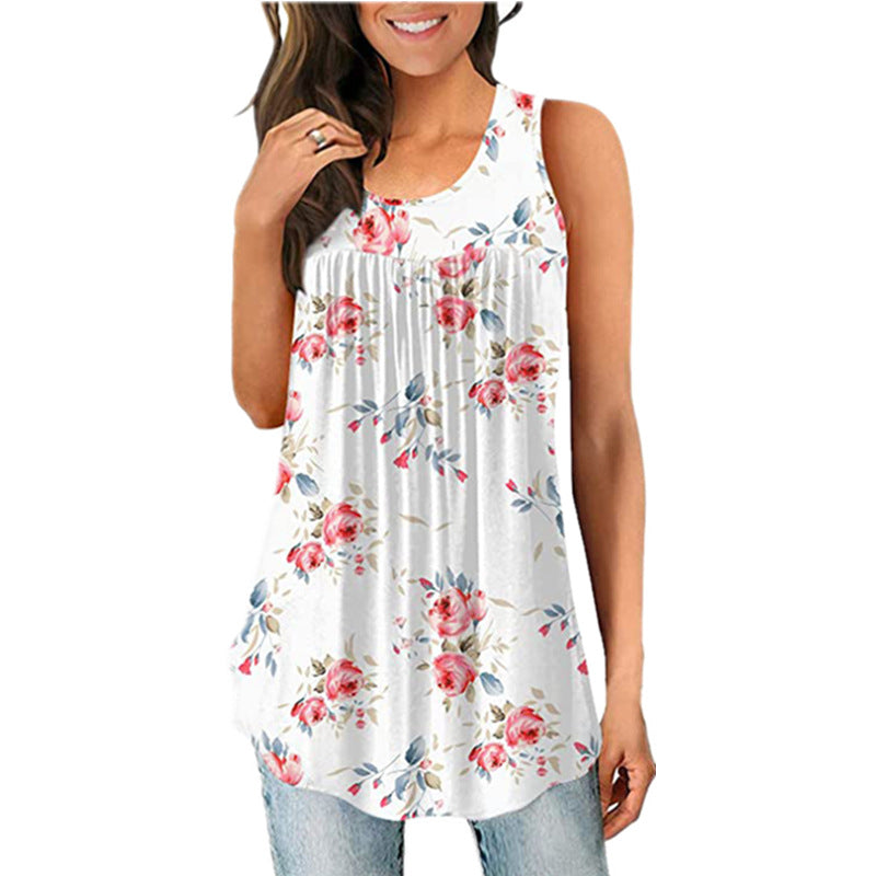 Women's Printed Round Neck Pleated Sleeveless Vest Top