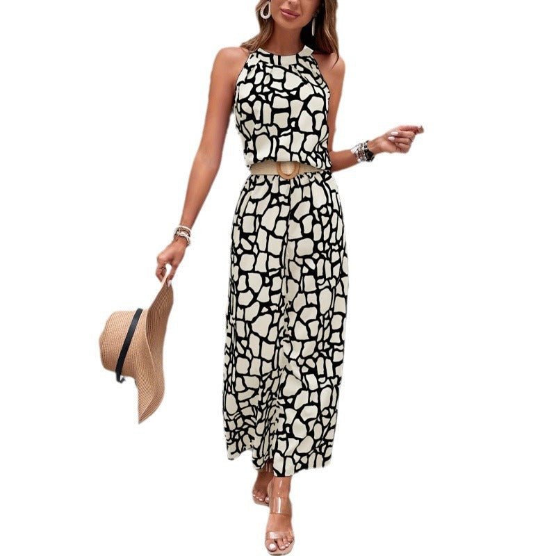Sleeveless Printed Waist-controlled Lace-up One-piece Trousers