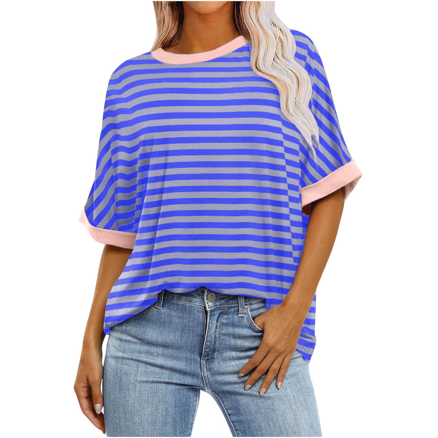 Women's Striped Printed Loose Color Matching Short Sleeve