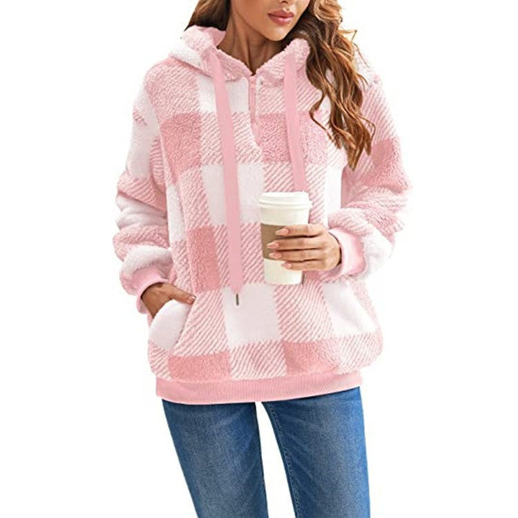 Women's Long-sleeved Hooded Plaid Plush Sweater