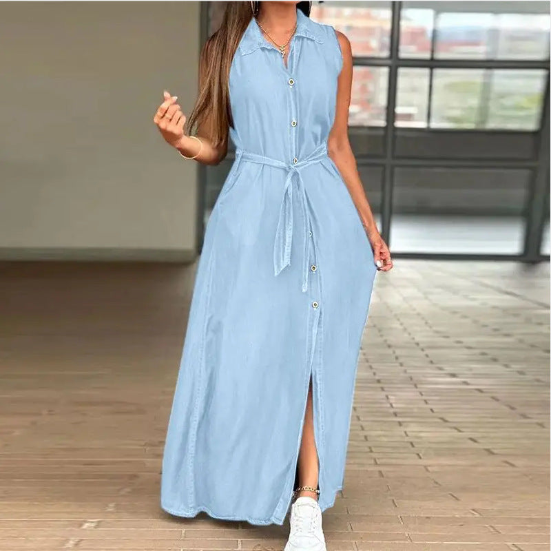 Women's Lapel Sleeveless Waist-controlled Lace-up Denim Dress