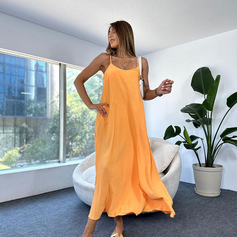 Women's Fashion Solid Color Sling Long Large Hem Dress