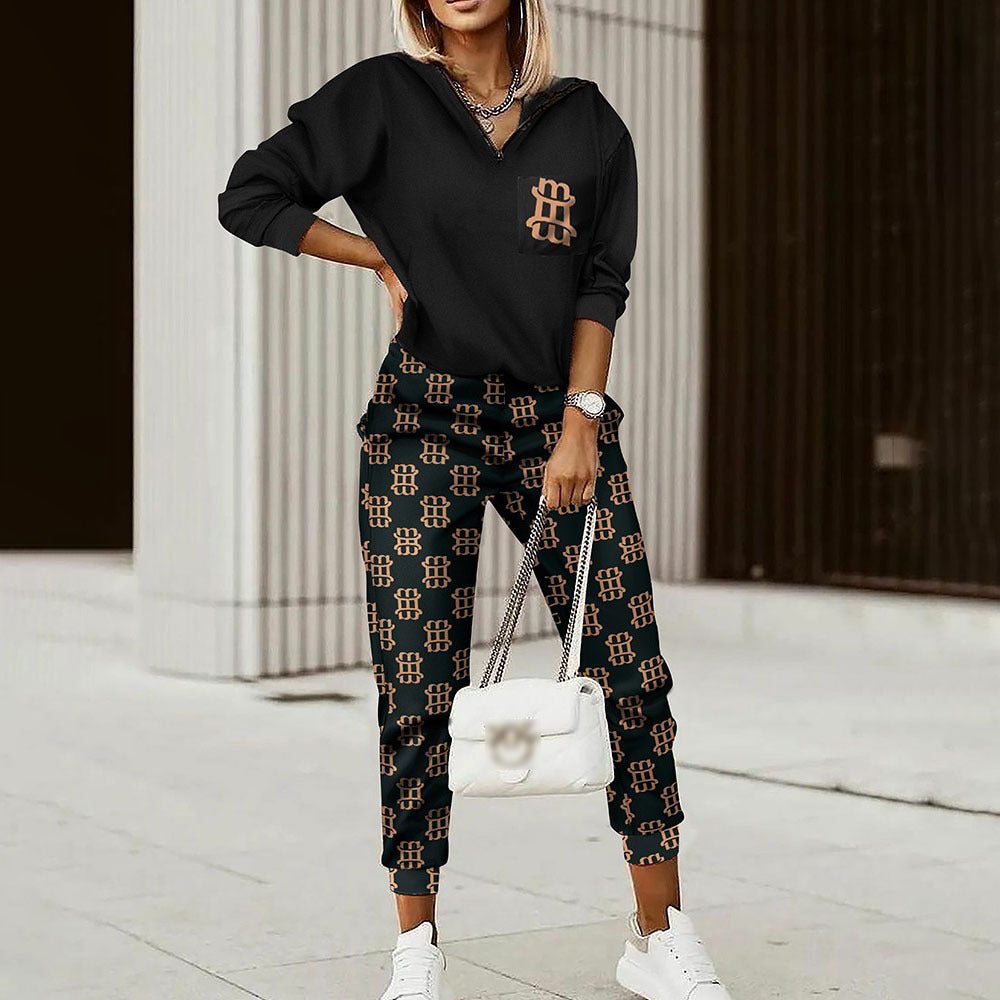 Women's Fashion Printing Long Sleeve Trousers Suit