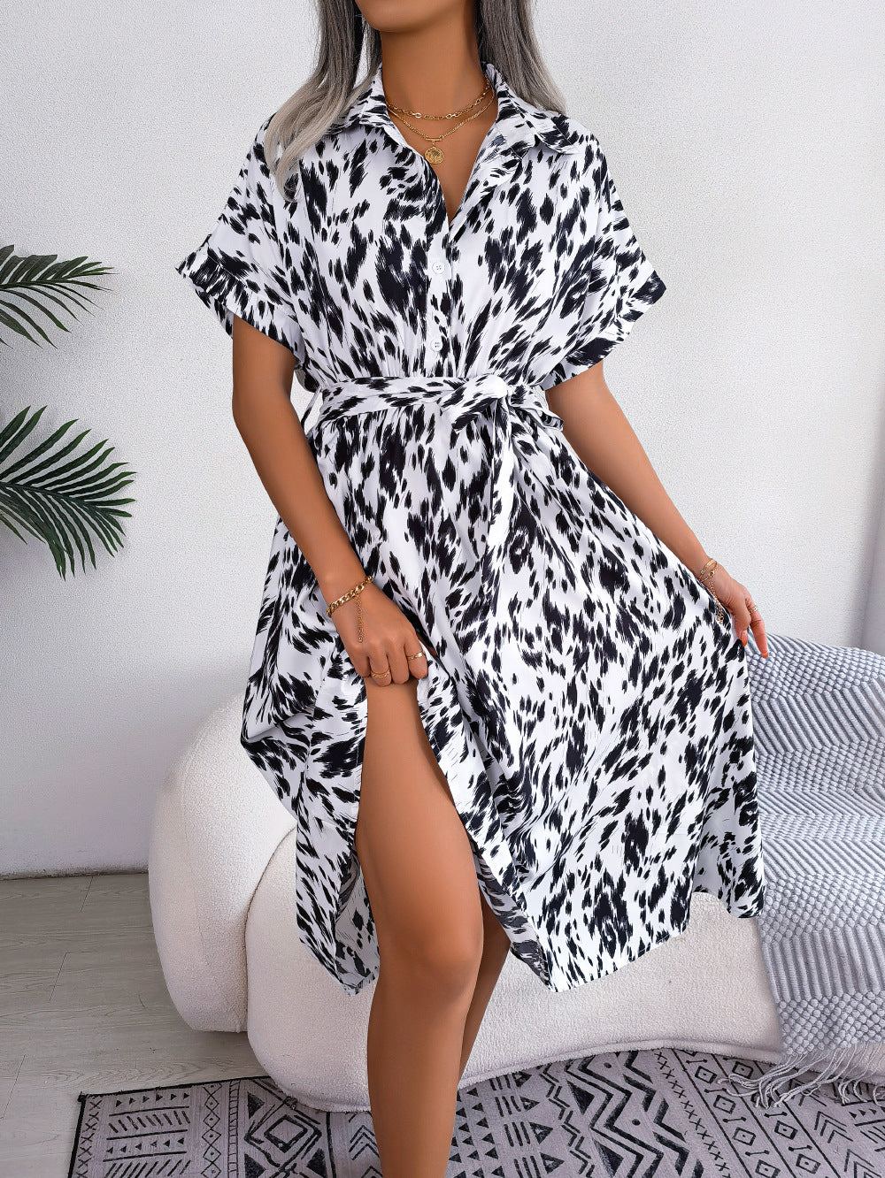 Leisure Loose Leopard Print Lace-up Shirt Dress