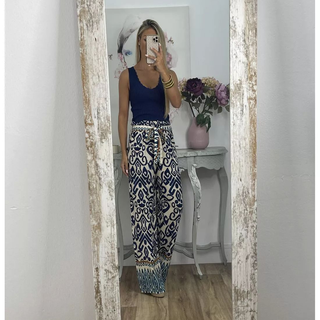 Women's Fashion Printing Belt Loose Casual Trousers