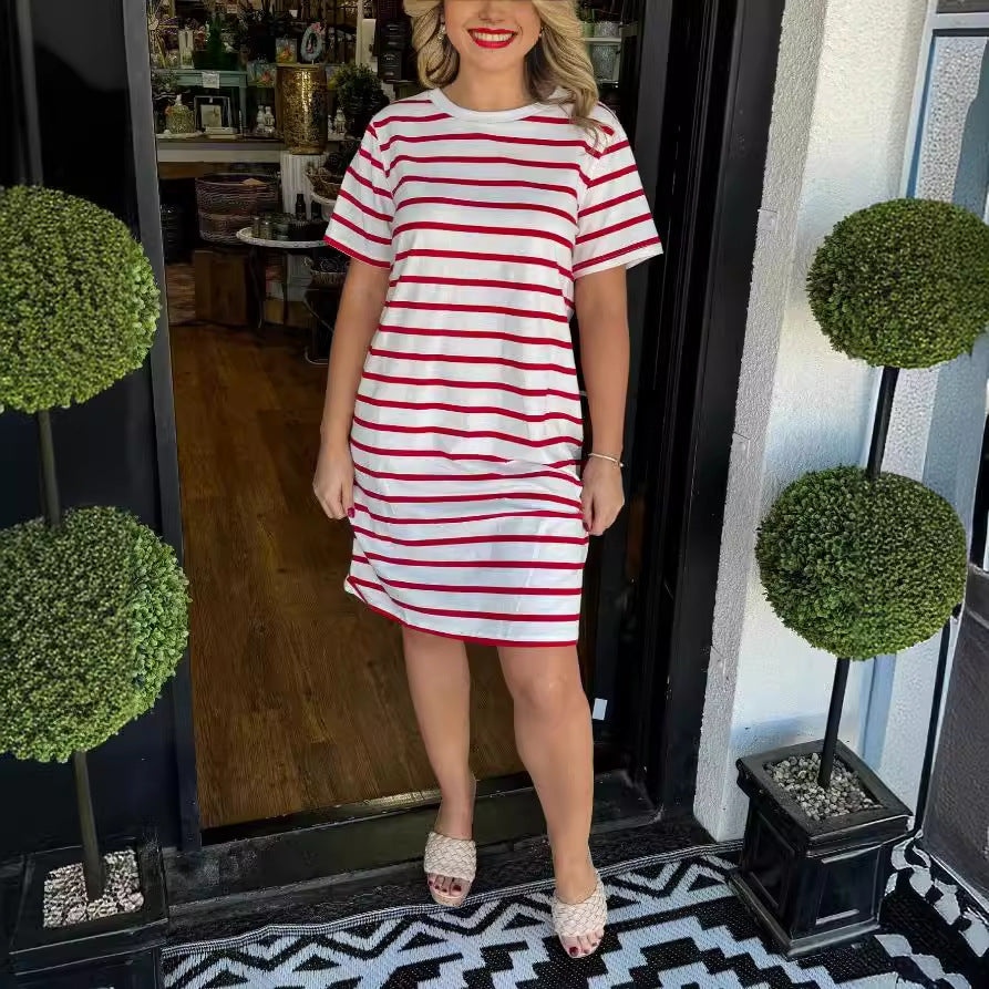 Fashion Striped Round Neck Dress Women