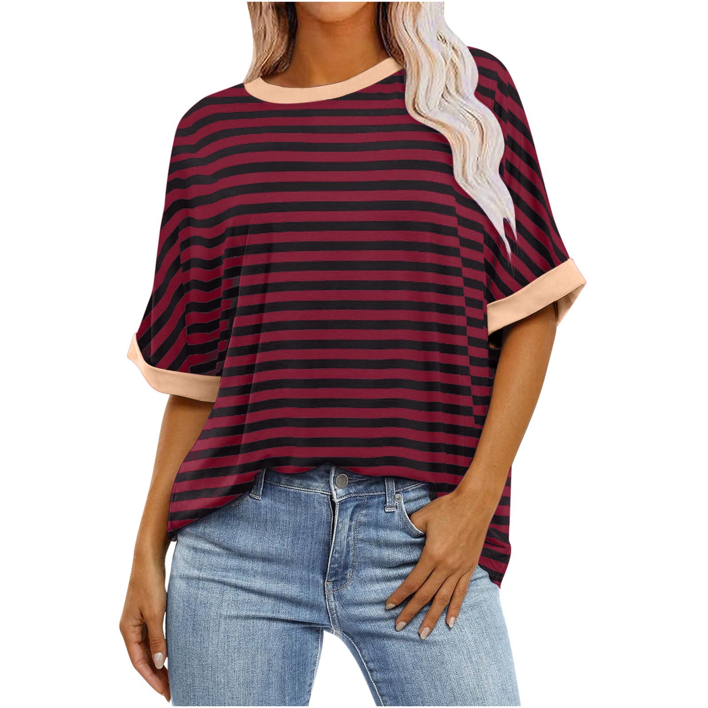 Women's Striped Printed Loose Color Matching Short Sleeve