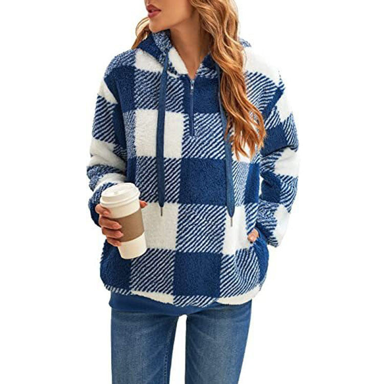 Women's Long-sleeved Hooded Plaid Plush Sweater